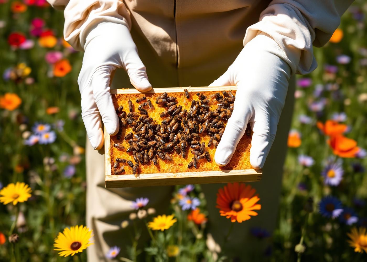 A beekeeper inspecting a wooden frame of honeycomb in a Norfolk field