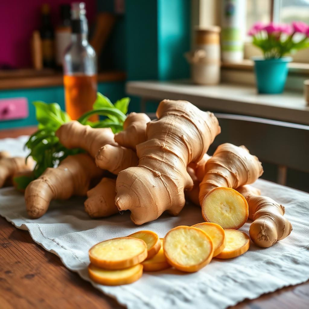Fresh whole and sliced ginger root on cream linen against a bright Norfolk kitchen backdrop