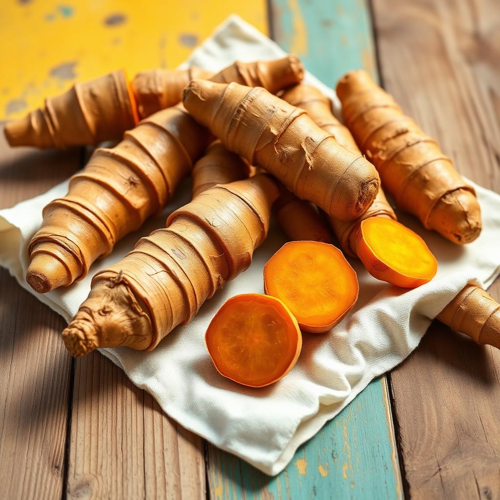 Fresh turmeric roots and bright orange slices on a wooden surface with mustard yellow and teal accents