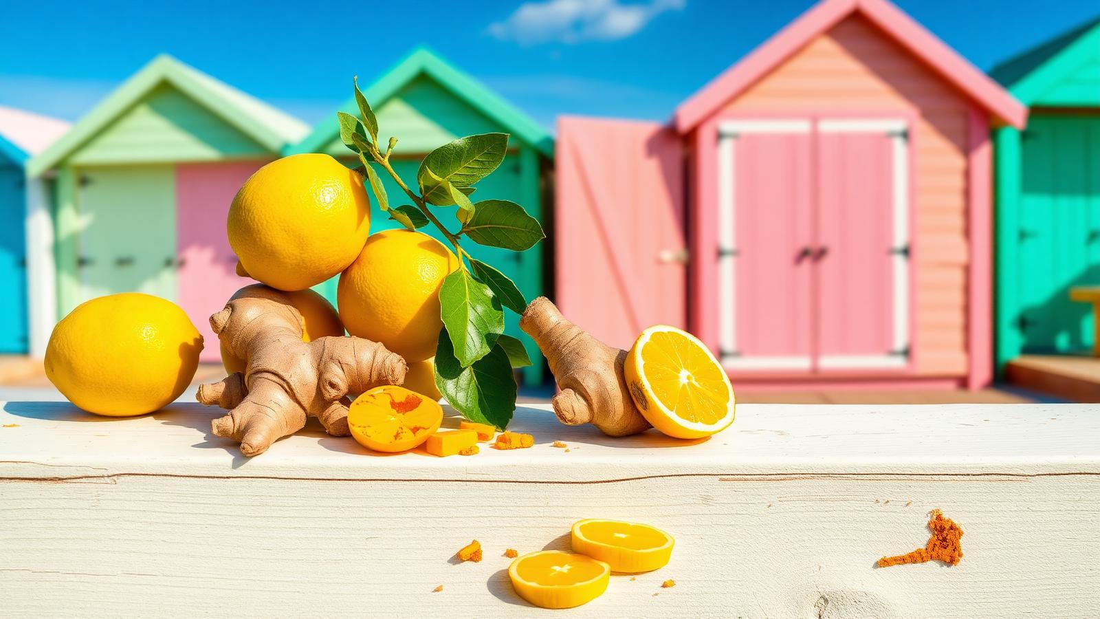 Turmeric and ginger shot bottles surrounded by fresh ingredients