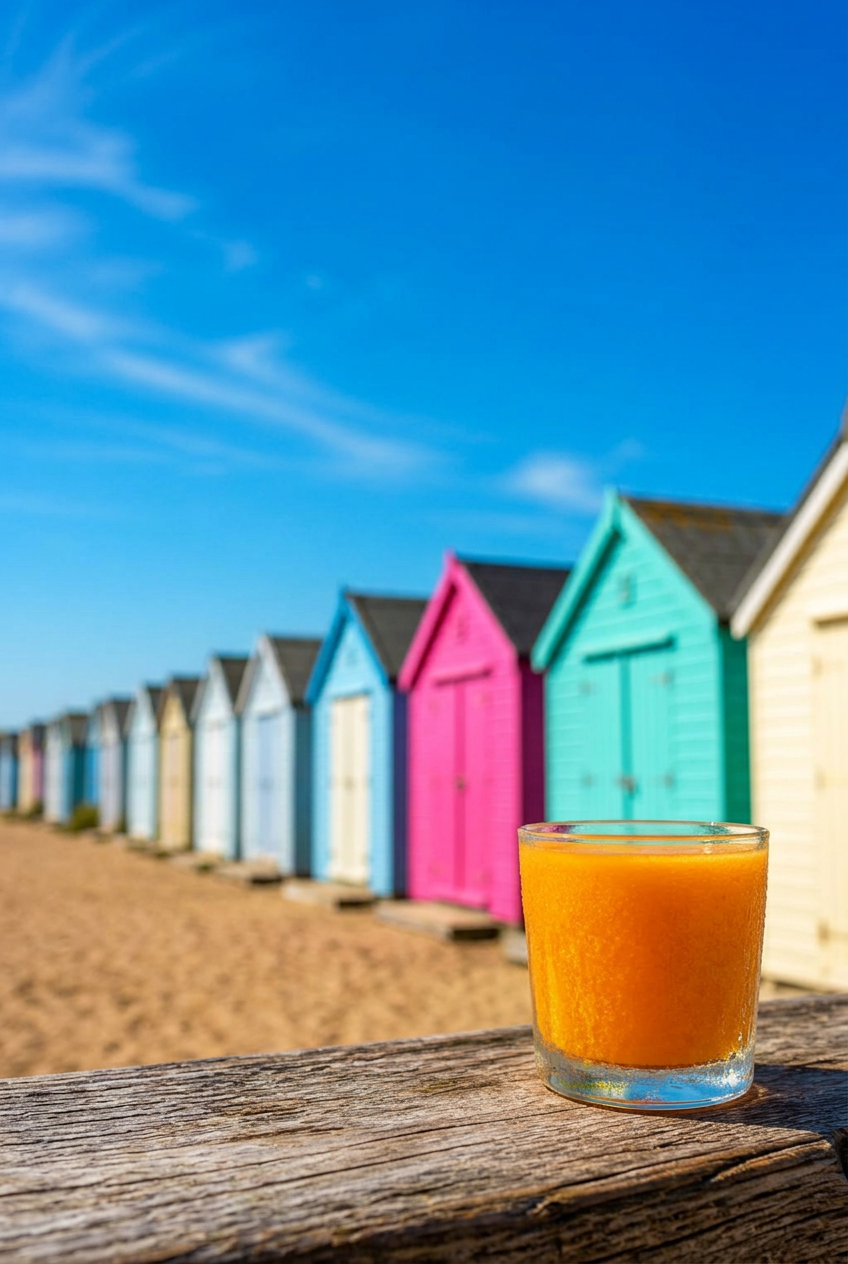 A glowing turmeric and ginger shot in a chunky glass on a sunlit ledge with pastel Norfolk beach huts behind