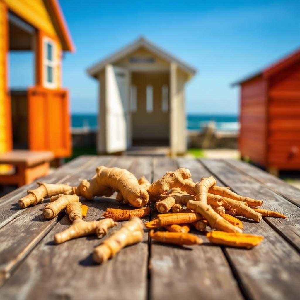 Fresh ginger and turmeric roots on a wooden table by Norfolk beach huts
