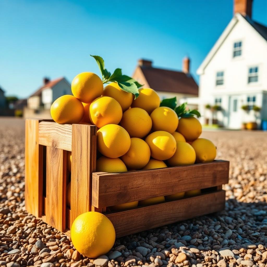 Crate of fresh lemons on a Norfolk pebble beach