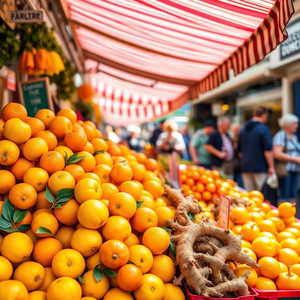 Bright British farmers market stall piled with citrus and ginger